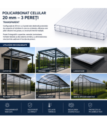 Policarbonat transparent 20mm, 3 pereti, 2.1 x 6 metri